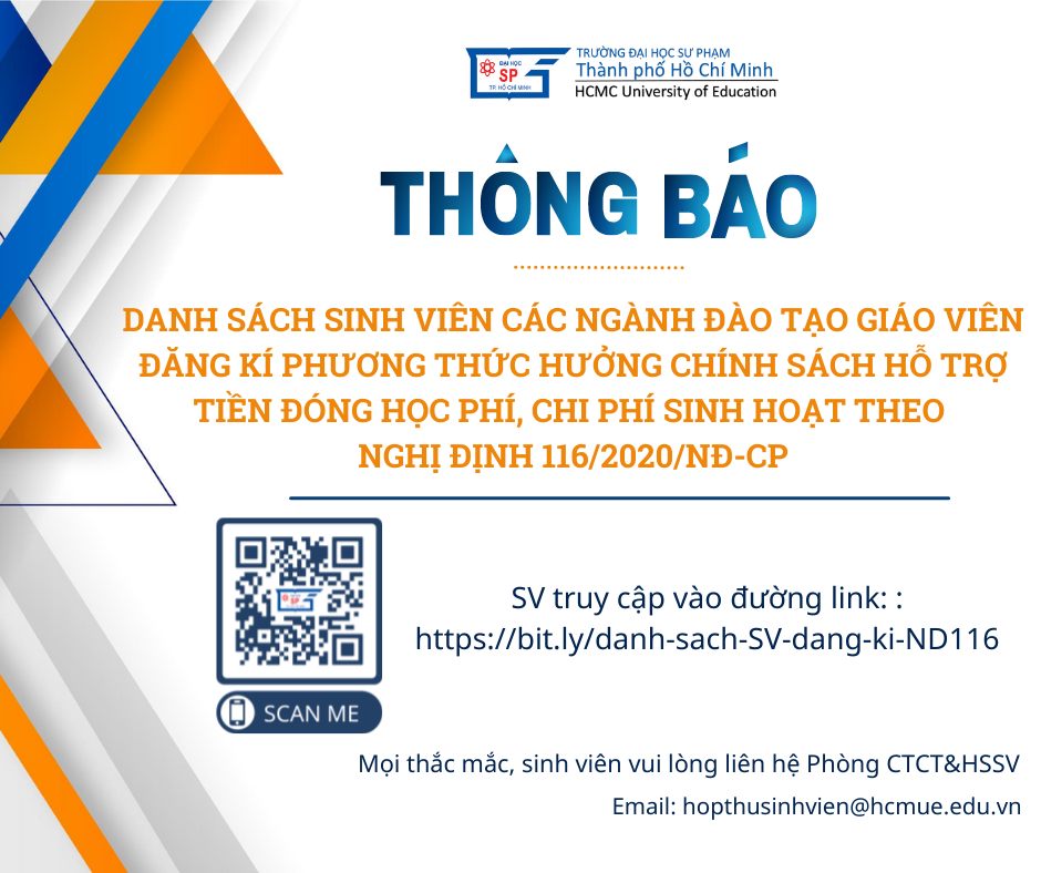 Thông báo Danh sách sinh viên các ngành đào tạo giáo viên khoá 47 đăng kí phương thức hưởng chính sách hỗ trợ tiền đóng học phí, chi phí sinh hoạt theo Nghị định số 116/2020/NĐ-CP ngày 25/9/2020 của Chính phủ